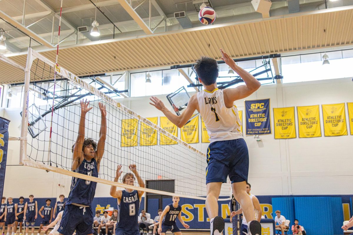 Senior Kevin Lu rises up to spike a return during a home volleyball game.