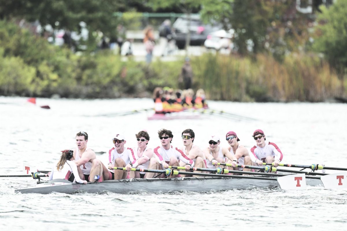 THE PAIN CAVE In the first, second and sixth seats, respectively, Christian Duessel ‘20, Blake Hudspeth ‘21 and Drake Elliot ‘22 race in the Head of the Charles regatta together.