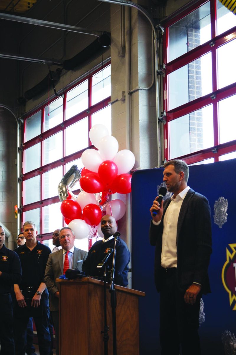 Mavericks legend Dirk Nowitzki delivers a brief speech at the opening of Fire Station 41, the same number he once wore. 