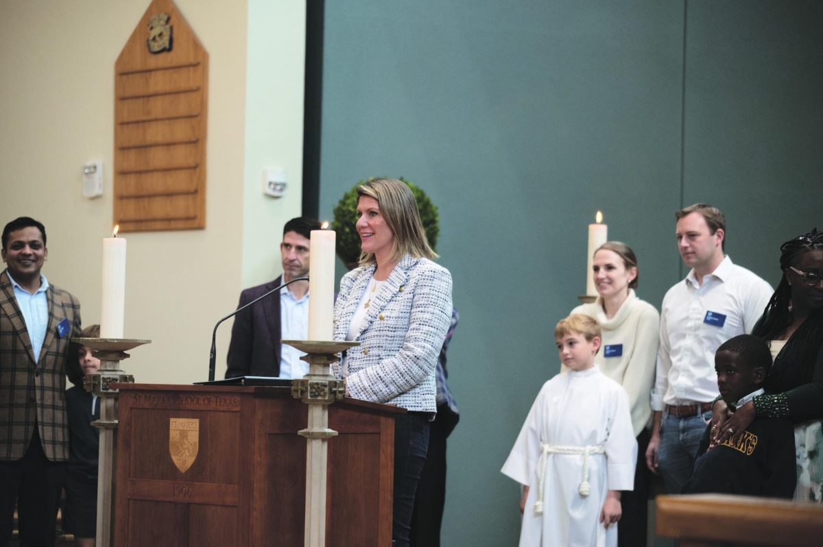 VETERAN Marion Glorioso-Kirby speaks at Lower School Chapel. Glorioso-Kirby has been part of the St. Mark’s family for two decades, teaching everyone from first graders to seniors.