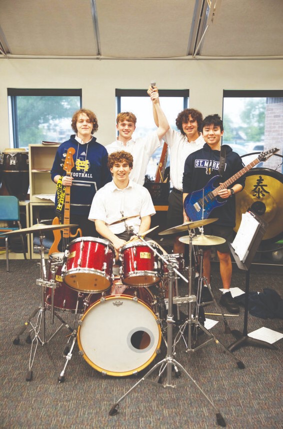 JAM SESSION Rock band members junior Calvin Yates (top left), junior George Hoverman (top left center), junior Jackson Williams (top right center), junior Daniel Deng (top right) and junior Wyatt Loehr (bottom) pose after an energetic afternoon of practicing together for future performances.