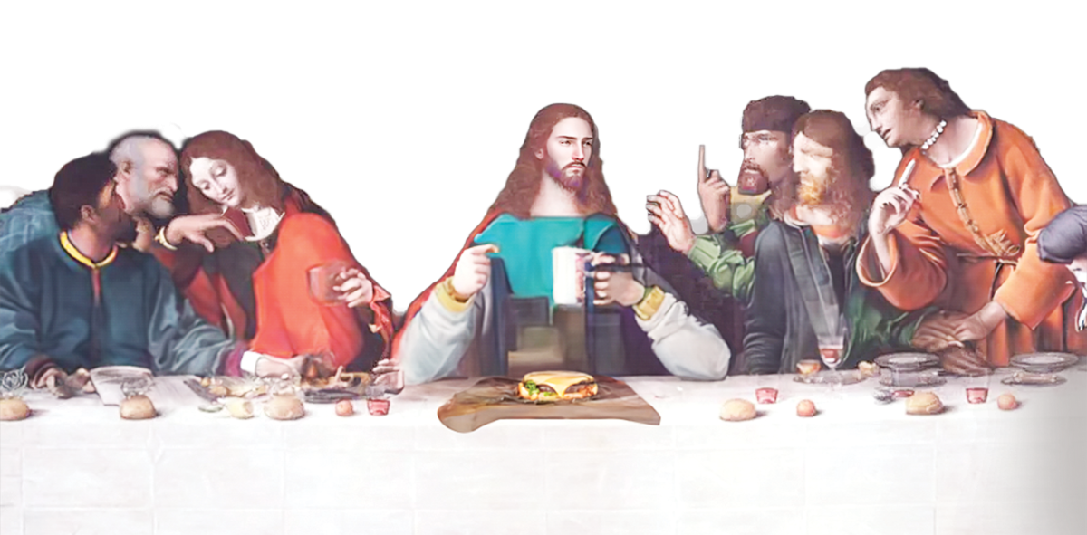 THE LAST SUPPER The Last Supper is a mural painting by Leonardo DaVinci paintined around 1495. However, this image is modified using Photoshop 2024s new feature: Generative AI. By modifying small parts of the Last Supper, a partially modern rendition of DaVincis famous painting can be generated. Small things, such as Jesus holding a coffee cup, can be noticed throughout the new version.