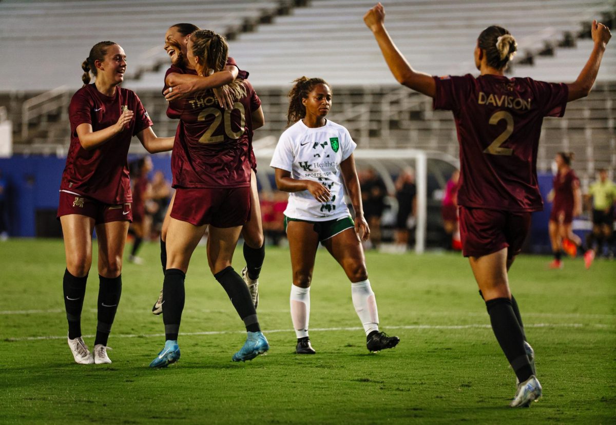 Allie Thorton celebrates after scoring her first goal. She would go on to score two more, making it the league's first hat-trick