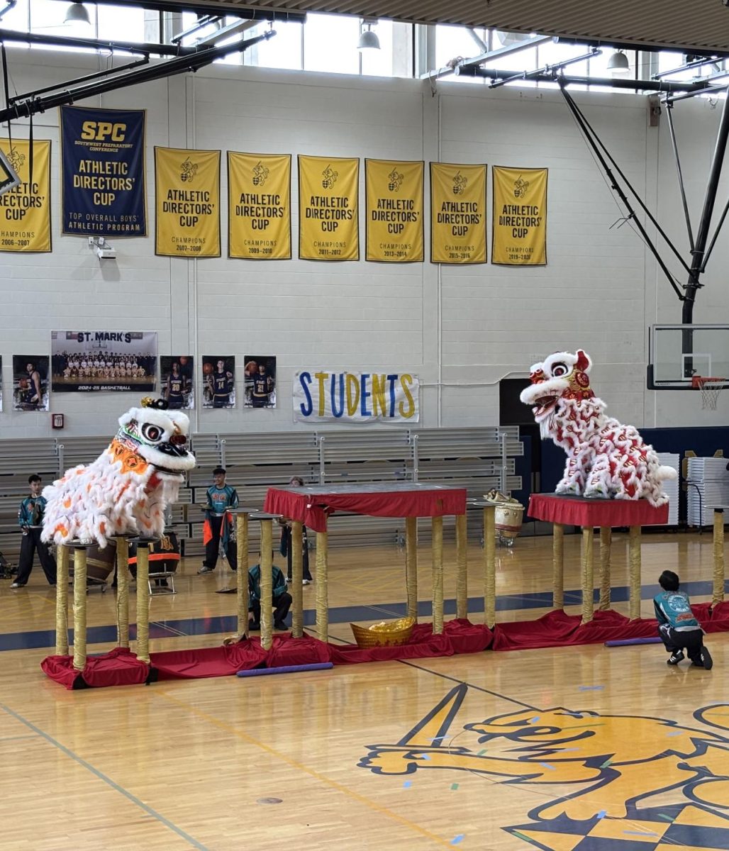 A traditional lion dance is performed as part of the Lunar New Year celebration.