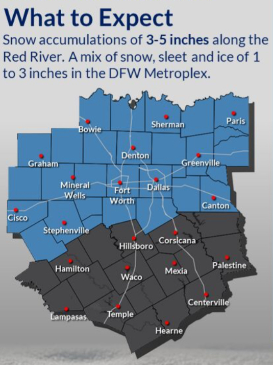 Expect around three inches of snow in the DFW Metroplex.