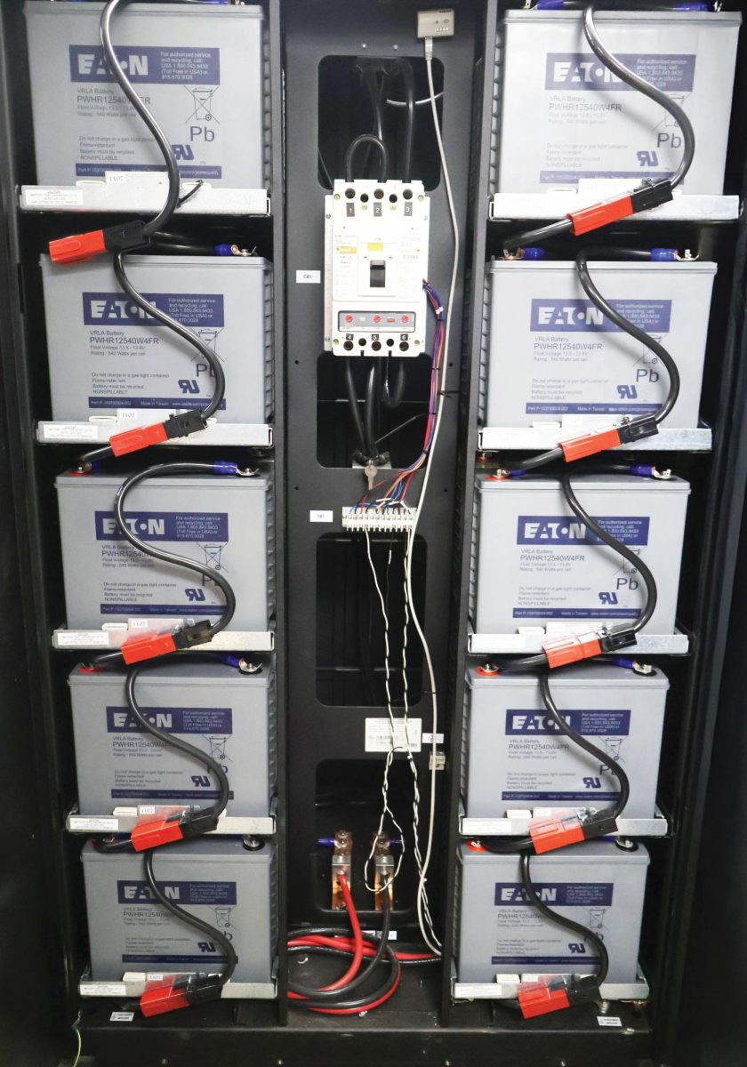 One of three cabinets of backup batteries on campus in the Green Library to keep the school’s server running for roughly eight hours after blackouts, typically caused by inclement weather.