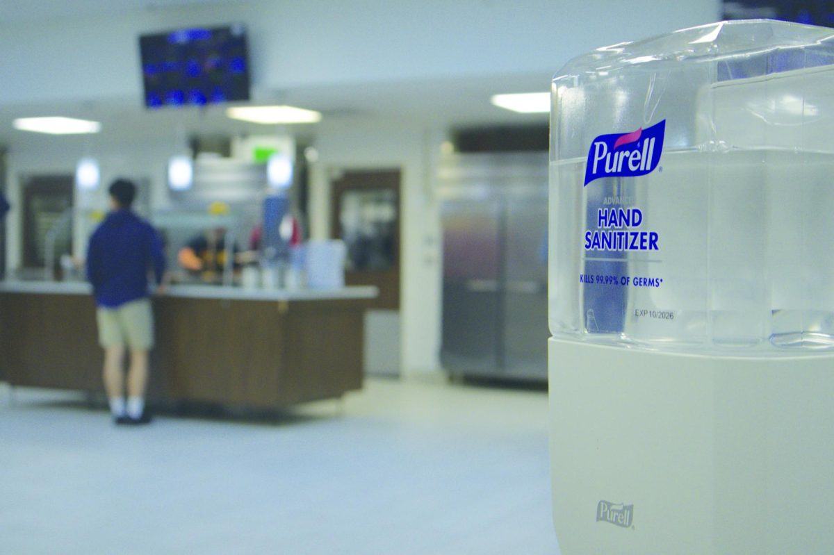 One of several hand sanitizing stations placed in and around the W.W. Browning Jr. Great Hall for students to clean their hands before lunch time and throughout the day.