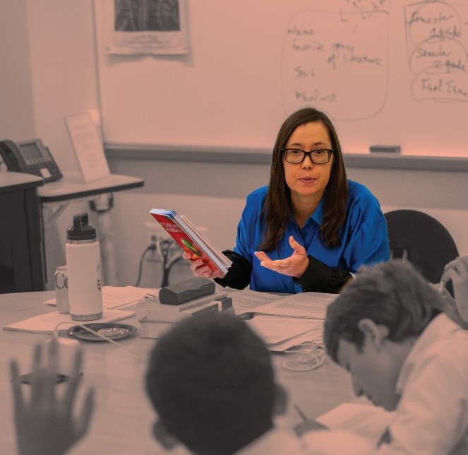 Upper School English instructor Lauren Brozovich teaches vocabulary to her 9th grade class.