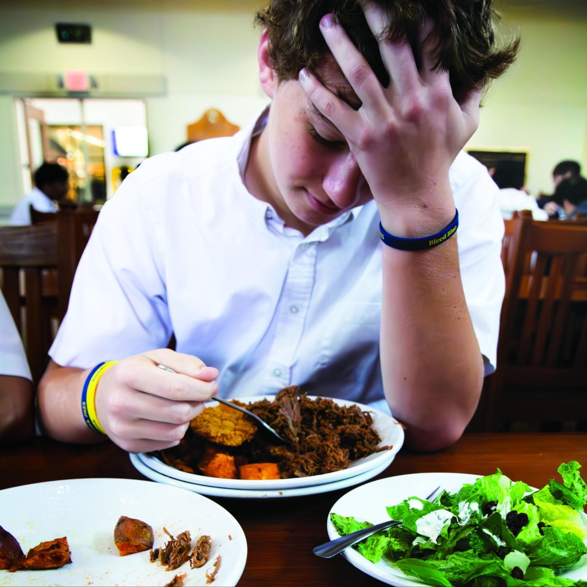 A student eats an unbalanced lunch, consisting of mostly meat, even though healthier food options like salads are available. 
