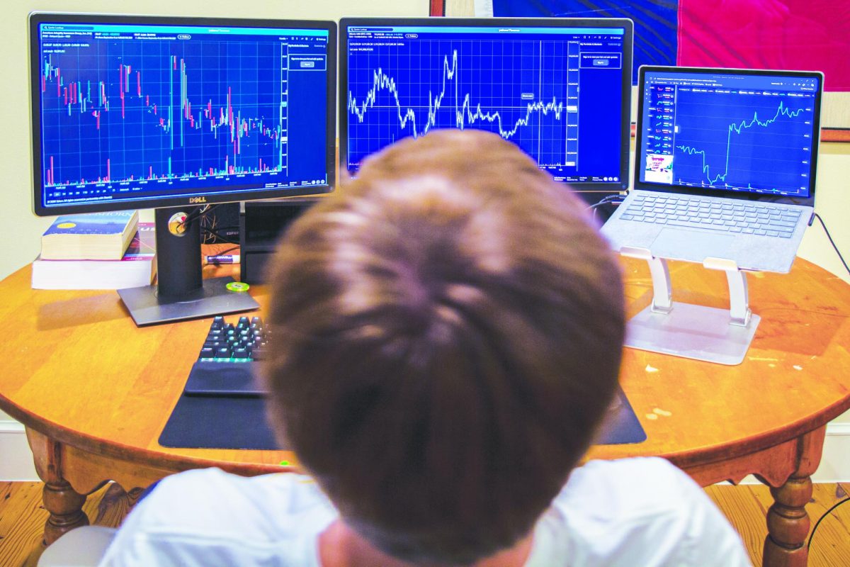 A student tracks the peaks of dips of price trends on his laptop. 