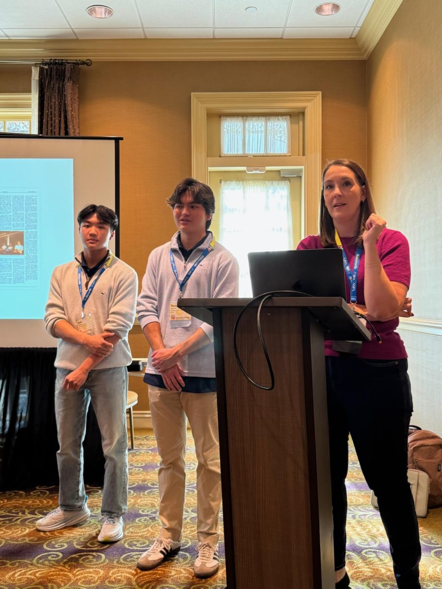 Advisor Jenny Creech, Editor-in-Chief Christian Warner and Enterprise Editor Doan Nguyen give a presentation at the NSPA fall conference.
