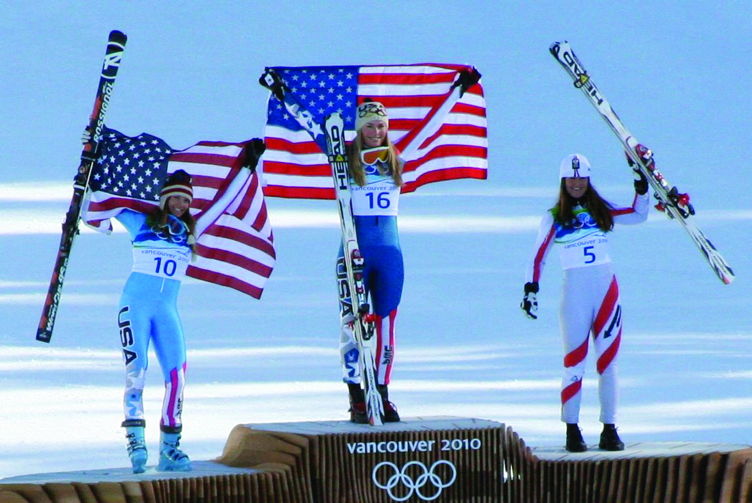 United States skiers celebrate their podium finishes in the 2010 Vancouver Winter Olympics.