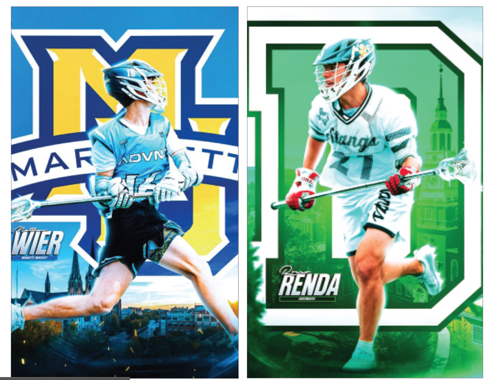 Junior Matthew Weir declares his verbal commitment to Marquette University in November of 2025 (left). Senior Rocco Renda annouced his commitment to Darthmouth College in the early fall of 2025 with a graphic posted on the SuperFanMen’s Intagram (right).