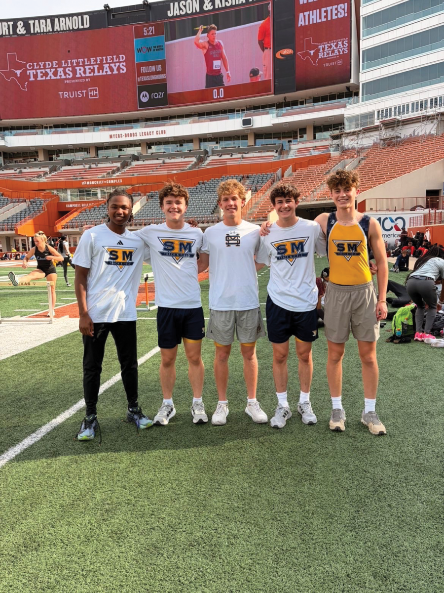 Freshman Anderson Love (far right) stands with fellow sprinters Braden Scott (far left), Riggs Bean (left), Tripp Schoellkopf (middle), and Max Bean (right) at Texas Relays in Austin.