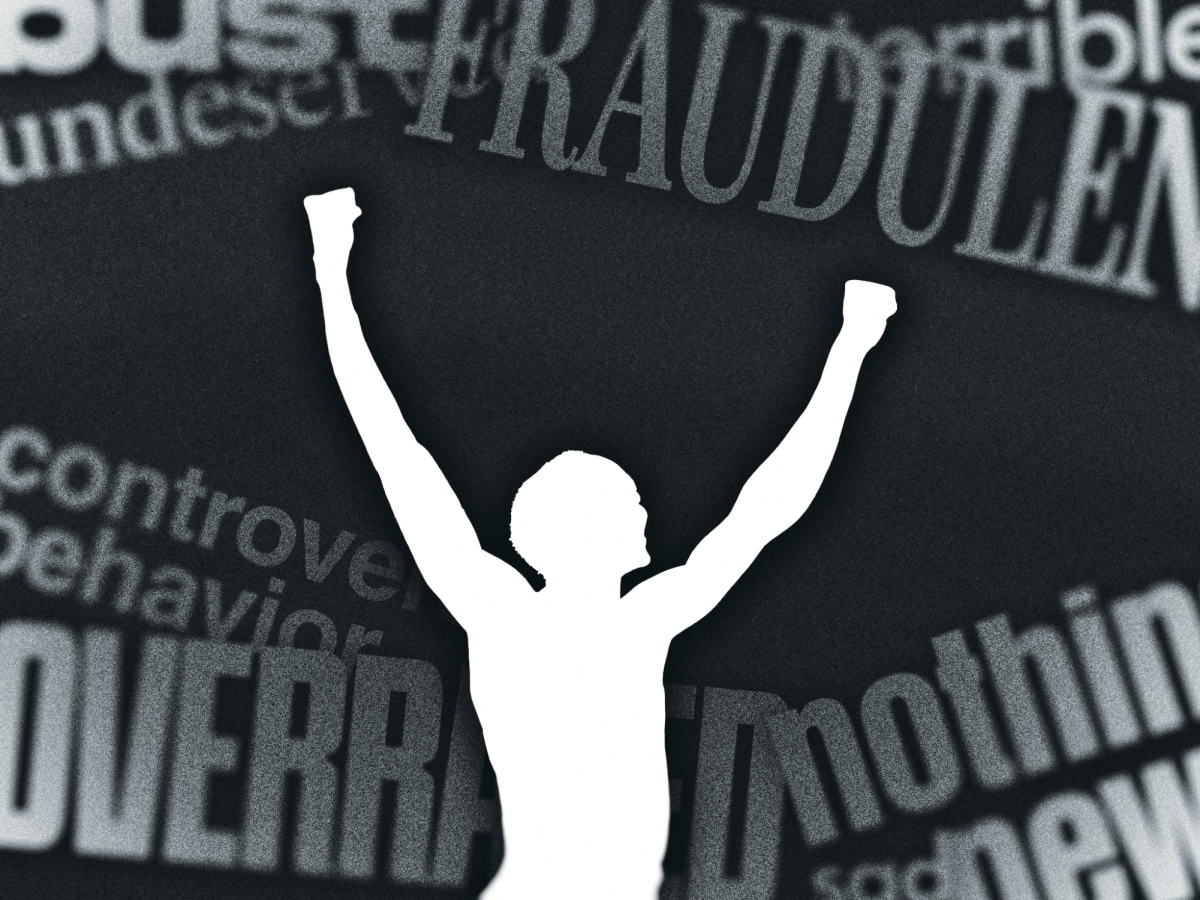 An athlete celebrates on the court following his impressive performance. Despite his historic night, critics swarm to discredit the accomplish, finding reasons to call it fraudulent or worthless.