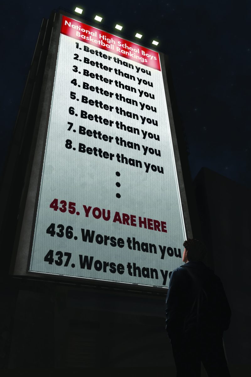 An aspiring collegiate athlete stares at a billboard of rankings, unable to take his eyes off of it. In an environment reliant on social media to promote oneself, online rankings have an increasing sense of significance.