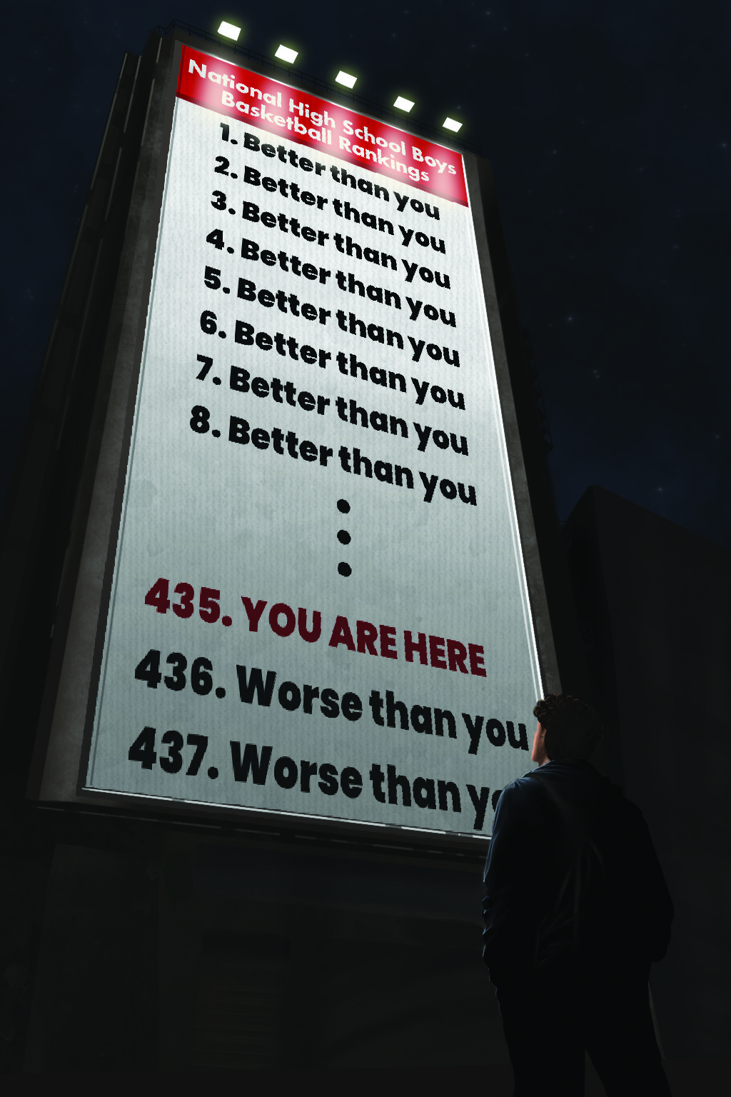 An aspiring collegiate athlete stares at a billboard of rankings, unable to take his eyes off of it. In an environment reliant on social media to promote oneself, online rankings have an increasing sense of significance.
