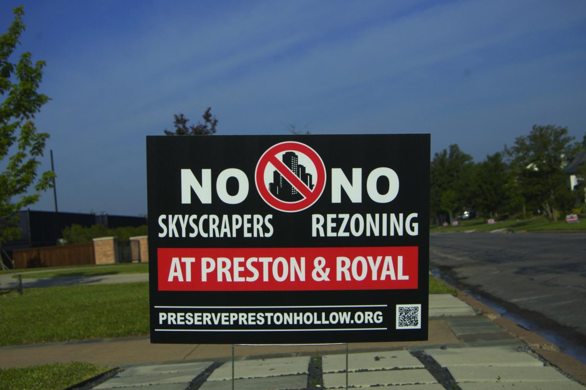 Anti-skyscraper signs line the streets of Preston Hollow, the neighborhood rallying around the cause.